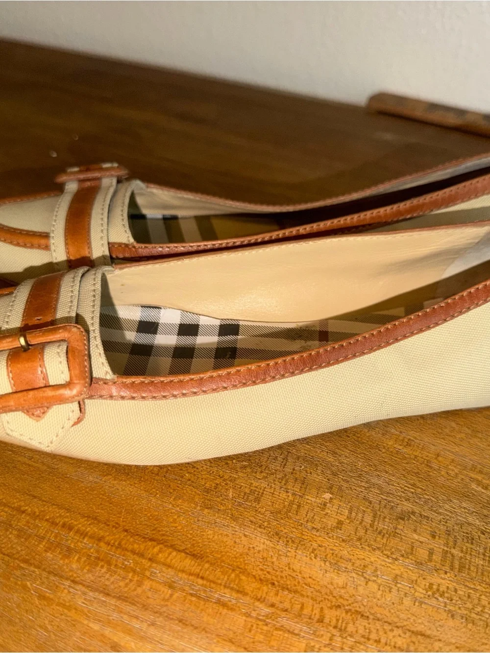 Burberry Cream and Tan Leather-Trim Loafers